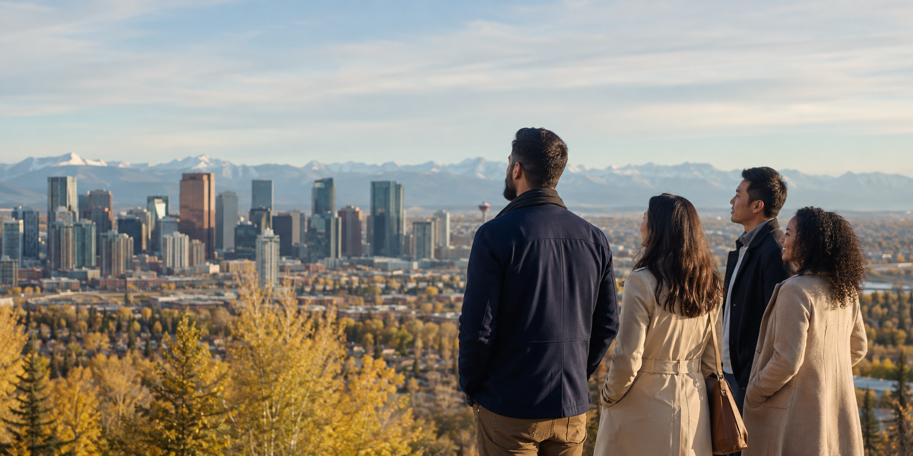 Newcomers looking toward the Calgary skyline and Rocky Mountains